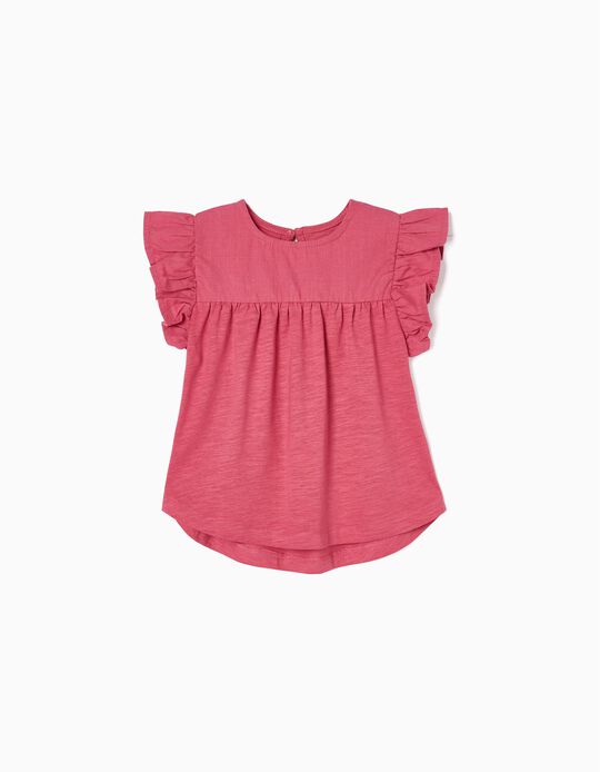 Sleeveless Cotton T-shirt with Ruffles for Baby Girls, Pink