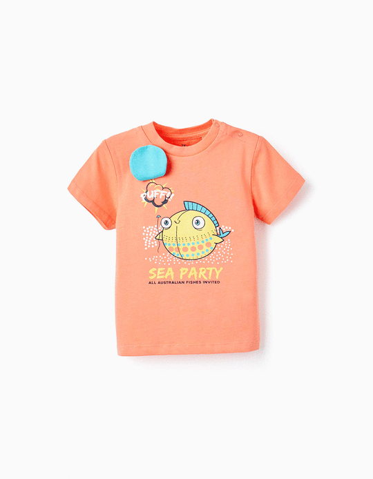 T-shirt de Algodão com Estampado para Bebé Menino 'Peixe Balão', Coral