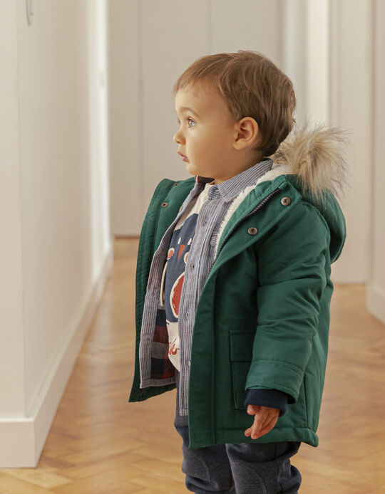 Quilted Parka with Sherpa Lining and Hood for Baby Boys, Green