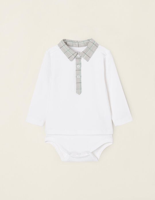 Long Sleeve Cotton Shirt-Bodysuit for Newborn Baby Boys, White/Grey/Green