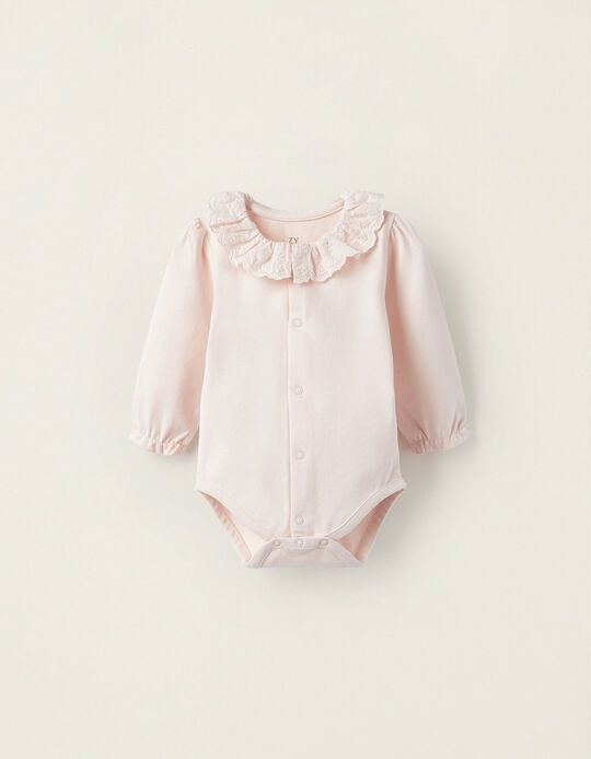 Cotton Bodysuit with English Embroidery for Newborn Girls, Pink