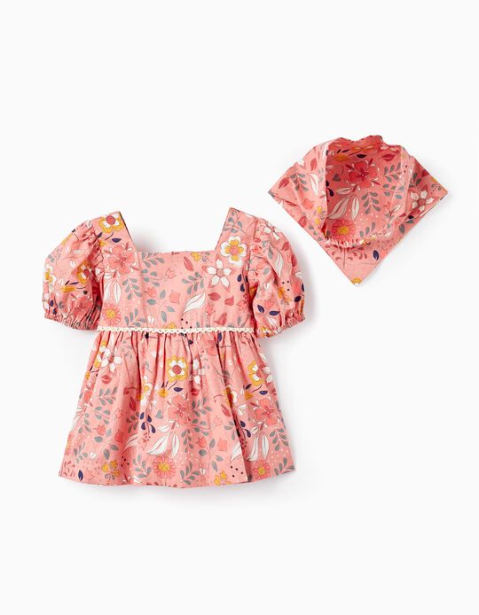 Pañuelo para el Cabello + Blusa de Algodón para Bebé Niña 'Floral', Rosa