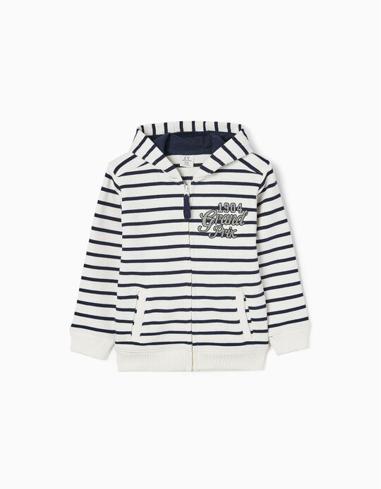 Hooded Jacket in Cotton Knit for Boys 'Grand Prix', White/Blue