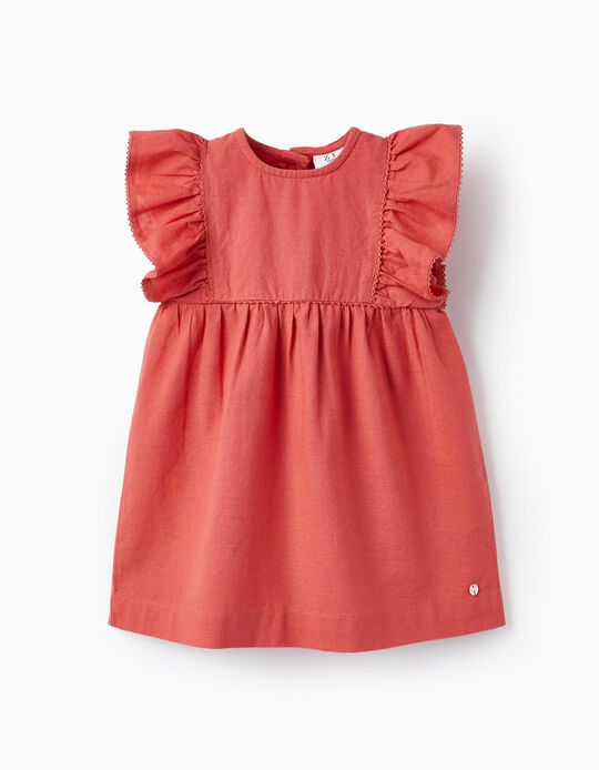 Linen and Cotton Dress for Baby Girls, Dark Pink