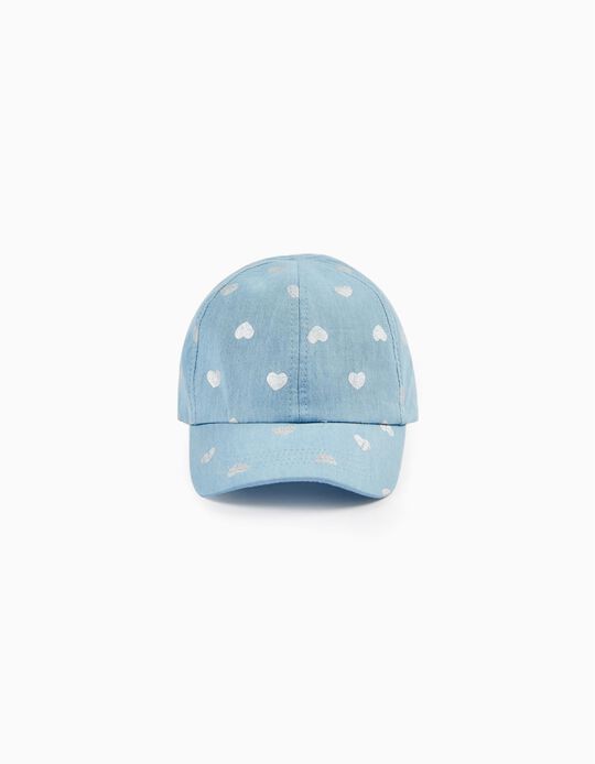Cotton Cap with Hearts for Girls, Blue/Silver