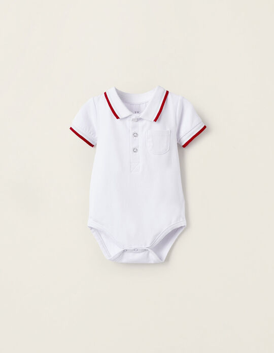 Short Sleeve Polo Bodysuit in Cotton for Newborn Boys, White