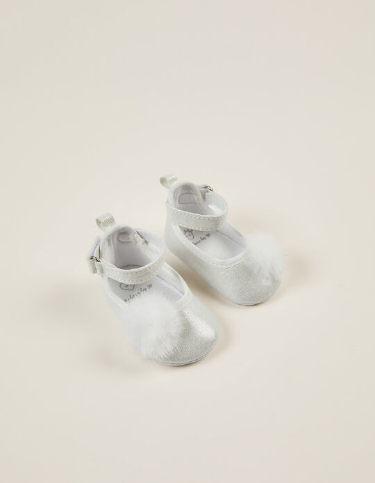 Ballet Pumps with Pompom for Newborn Baby Girls, Silver