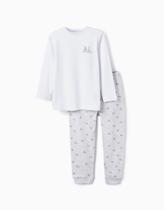 Pijama em Algodão de Manga Comprida para Menino 'Sail Boats', Branco/Cinza