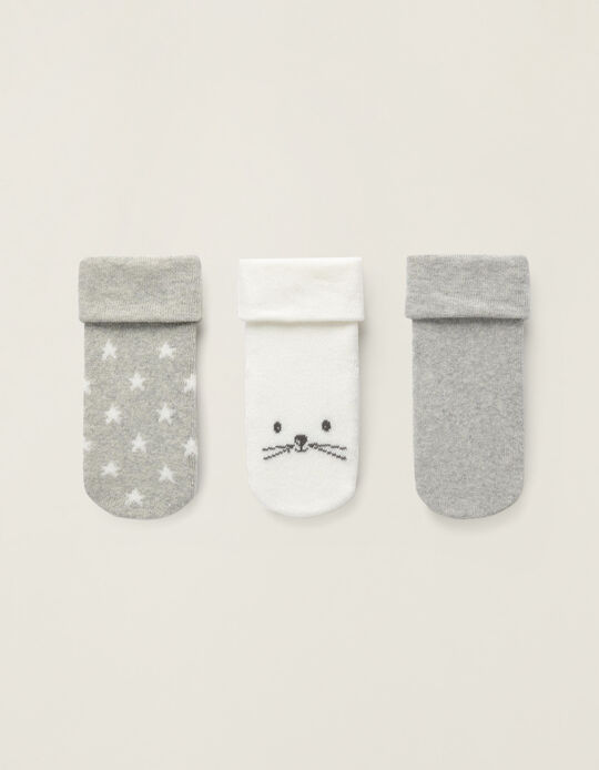 3 Pairs of Socks for Babies 'Stars', Grey/White