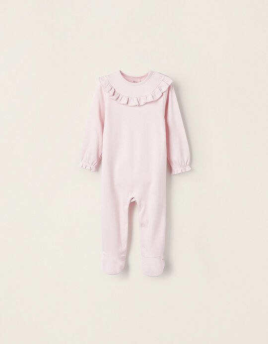 Babygrow in Cotton Jersey with Feet and Ruffles for Baby Girls, Pink