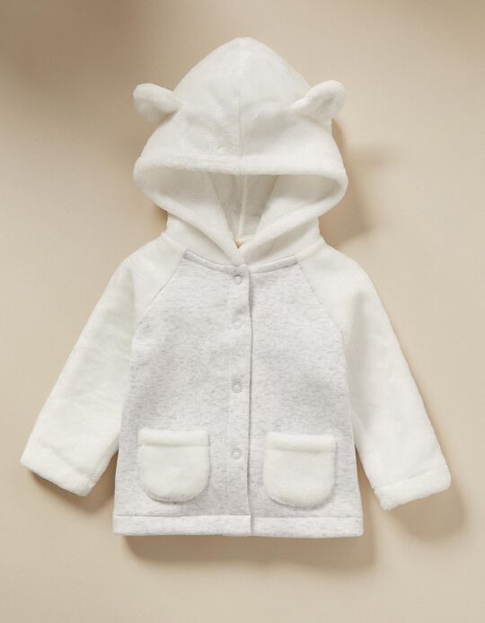 Hooded Jacket with Thermal Effect for Newborn Babies 'Stars', White/Grey