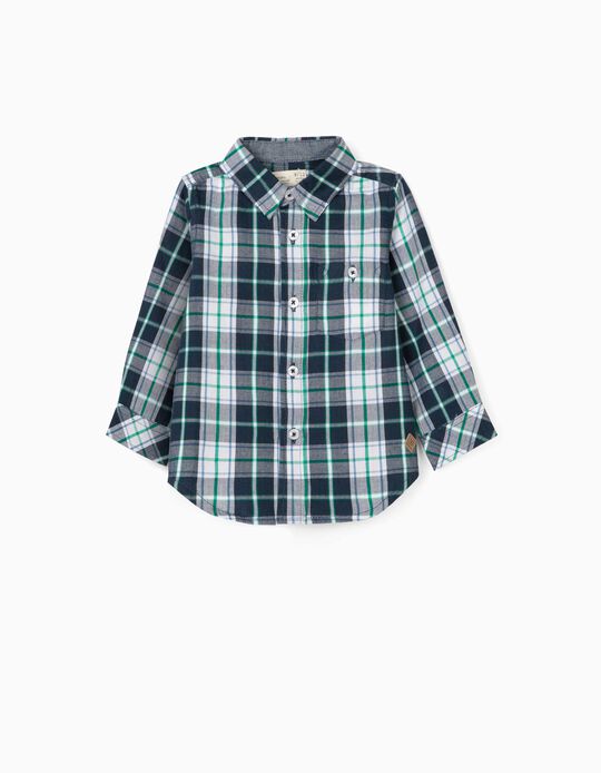 Plaid Long Sleeve Shirt for Baby Boys, White/Blue/Green