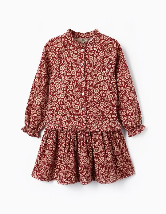 Corduroy Dress with Floral Pattern for Girls, Dark Red