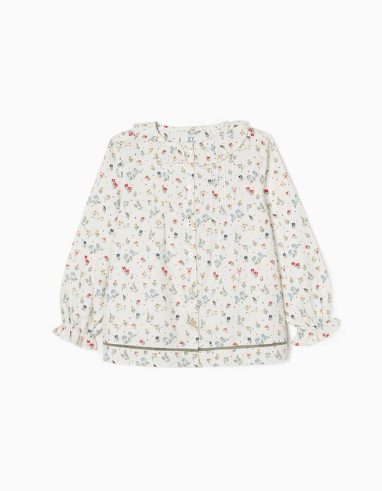 Long Sleeve Cotton Floral Shirt for Girls, White