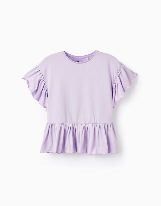 Cotton T-Shirt with Ruffles for Girls, Lilac
