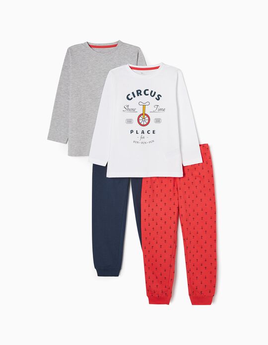 2-Pack Cotton Pyjamas for Boys 'Circus', White/Grey/Red