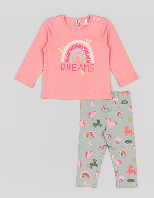 T-Shirt de Manga Comprida + Leggings para Bebé Menina 'Dreams', Rosa/Cinza