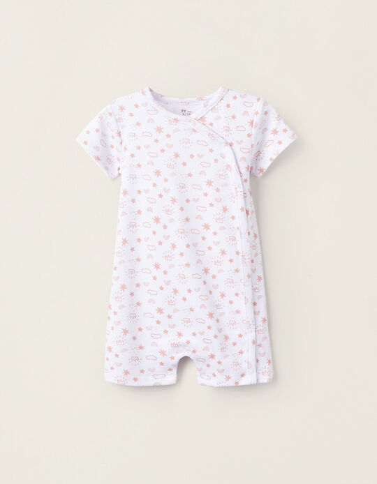 Printed Cotton Romper Pyjamas for Baby Girls, White/Coral
