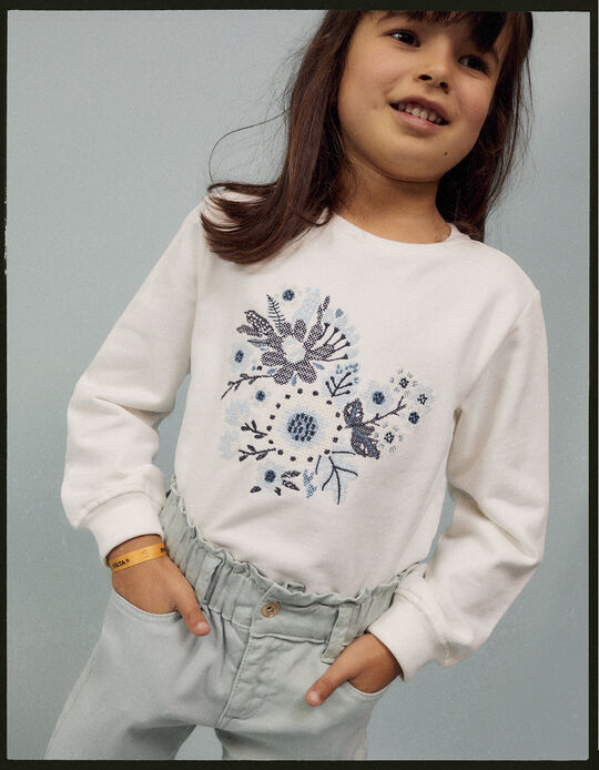 Cotton Sweatshirt with Flower Embroidery for Girls, White