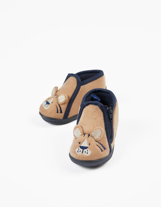 Zapatillas de Casa para Bebé Niño 'Tigre', Camel/Azul Oscuro