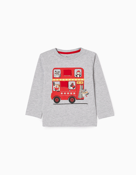 Camiseta de Manga Larga de Algodón con Relieve para Bebé Niño 'Bus', Gris