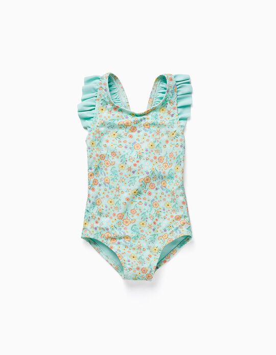 UPF80 Floral Swimsuit for Baby Girls, Aqua Green