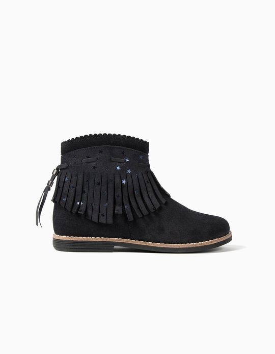 Leather Boots with Fringes for Girls, Dark Blue