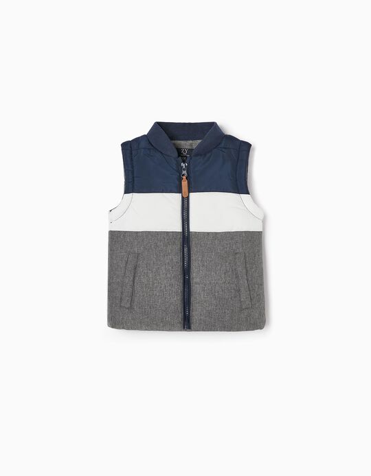 Padded Gilet with Colourblock for Baby Boys, Grey/White/Blue