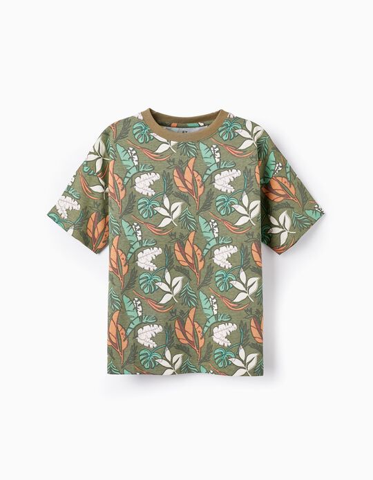 T-shirt Estampada de Algodão para Menino 'Folhas', Verde