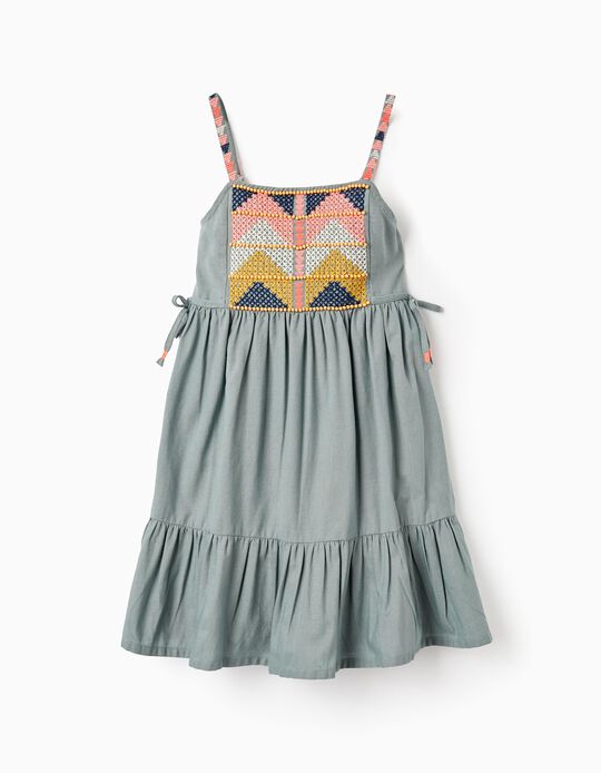 Cotton and Linen Dress with Embroidery and Beads for Girls, Green