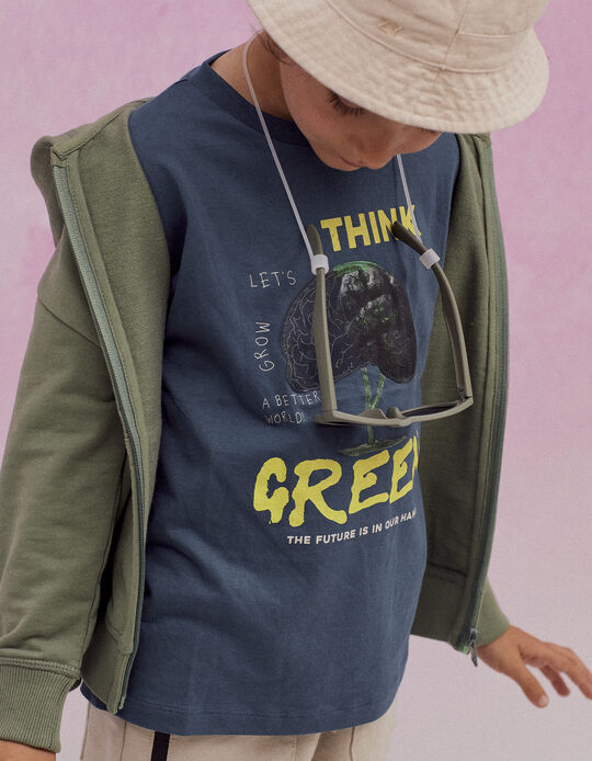 T-Shirt de Algodão com Efeito Holográfico para Menino 'Think Green', Azul