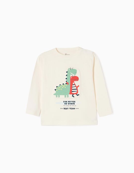 T-shirt de Manga Comprida em Algodão para Bebé Menino 'Dinossauros', Bege
