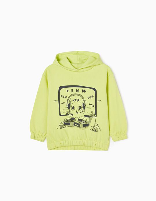 Brushed Cotton Sweatshirt for Girls 'DJ Kitty', Lime Green