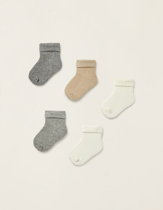 Buy Online Pack of 5 Ribbed Socks with Fold for Baby, White/Grey/Brown