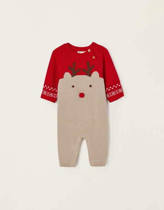 Knit Onesie for Newborn Babies 'Reindeer', Red/Beige