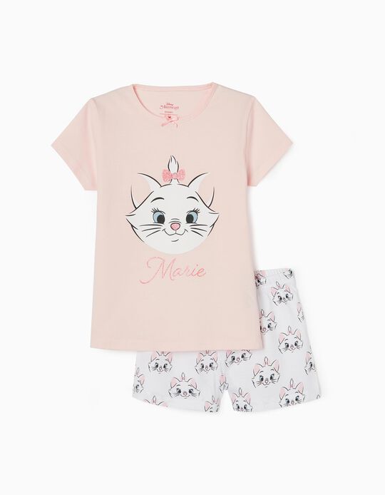 Pijama de Algodão T-shirt + Calções para Menina 'Marie', Rosa/Branco