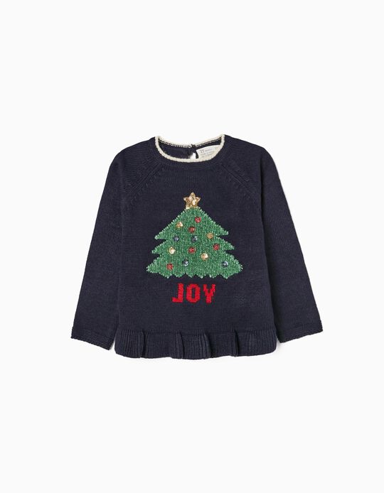 Christmas Jumper for Baby Girls 'Christmas Tree', Dark Blue
