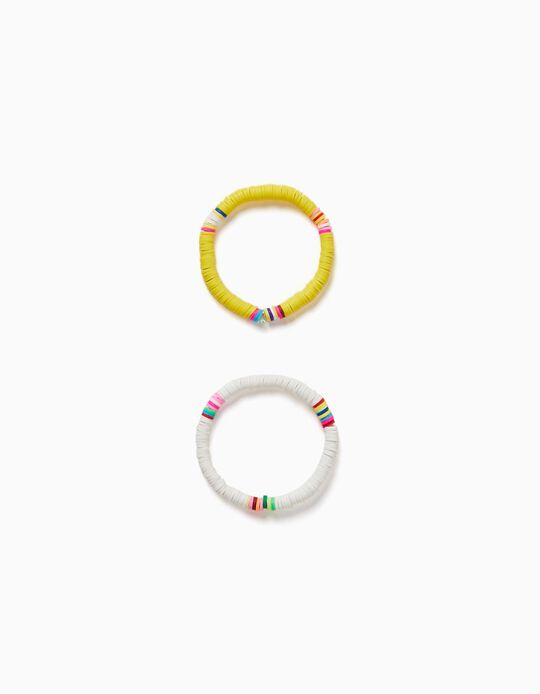 2 Beaded Bracelets for Girls, White/Yellow