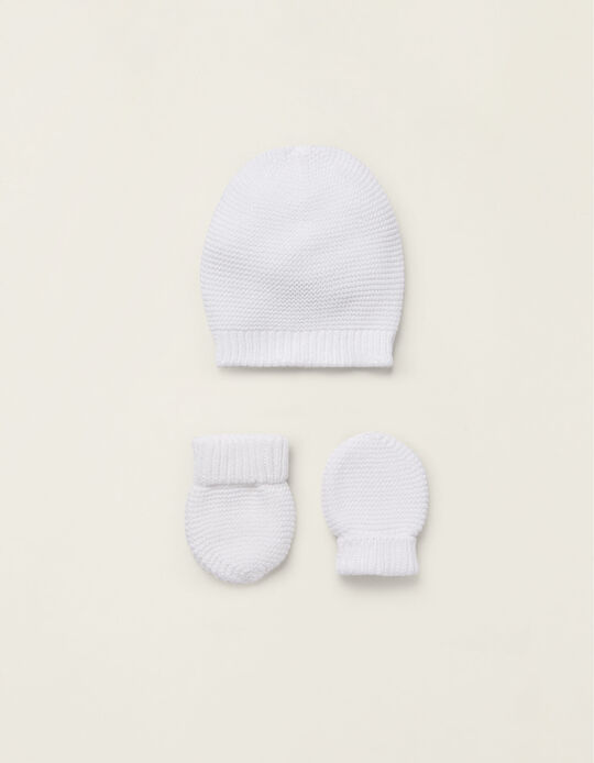 Cotton Beanie + Mittens for Newborns, White