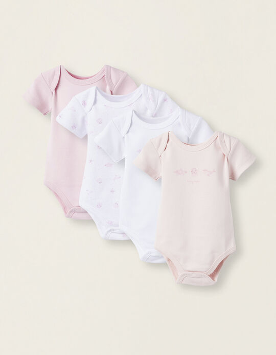 Pack of 4 Short Sleeve Bodysuits for Newborn Girls 'Happy', Pink