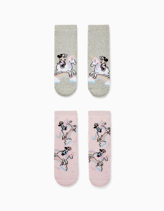 2 Non-slip Socks for Baby Girls 'Minnie & Unicorns', Pink/Grey