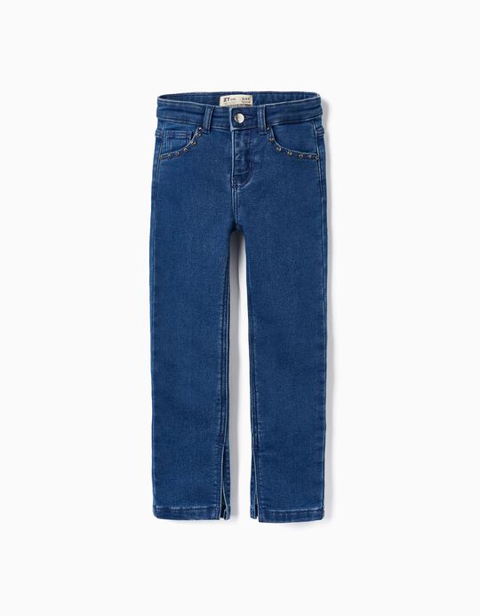 Slim Fit Jeans with Studs for Girls, Blue