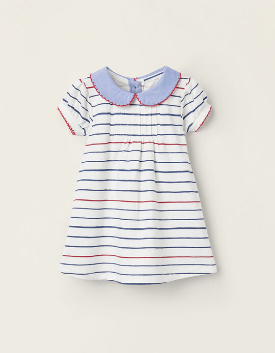 Striped Dress for Newborn Girls, White/Blue/Red