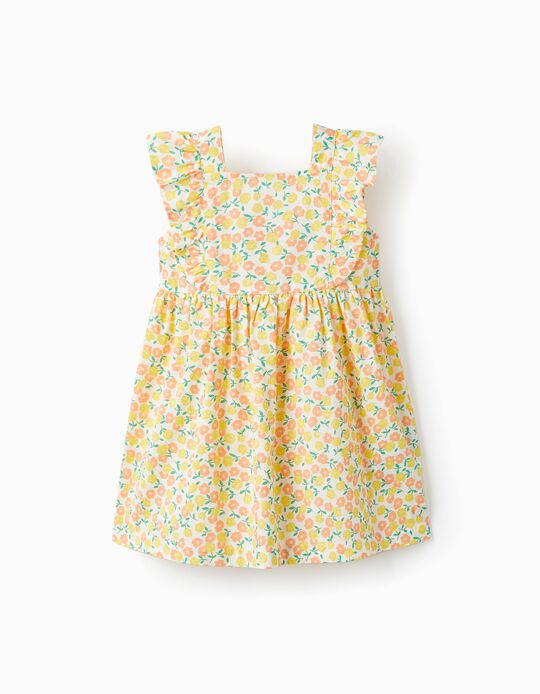Vestido Floral de Algodão para Bebé Menina, Branco/Amarelo/Laranja