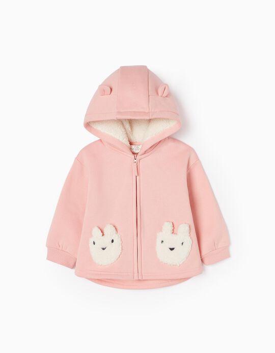 Hooded Jacket in Cotton and Sherpa for Baby Girls, Pink/White