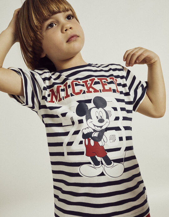 T-shirt às Riscas para Menino 'Mickey', Branco/Azul Escuro