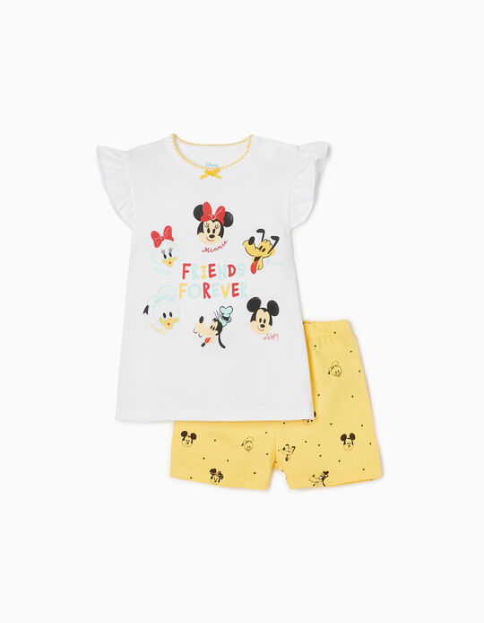 Pyjama Coton T-shirt + Short Bébé Fille 'Minnie Crew', Blanc/Jaune