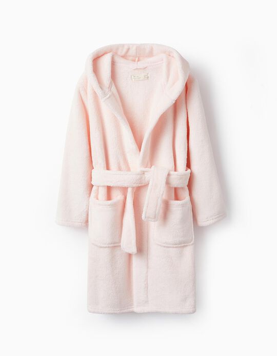 Coral Fleece Hooded Dressing Gown for Girls, Light Pink