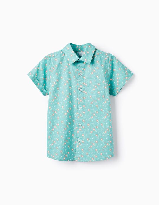 Camisa Floral em Algodão para Menino, Verde Água