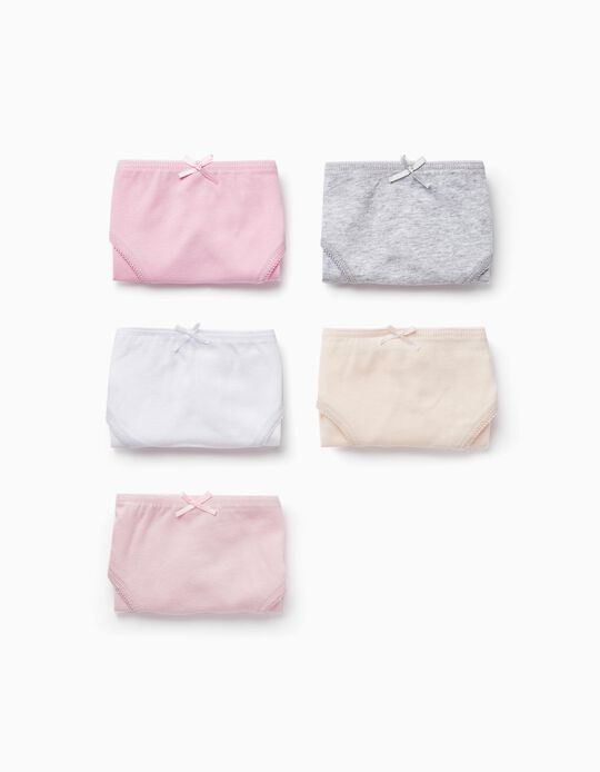 Pack of 5 Briefs for Girls, Grey/Pink/White